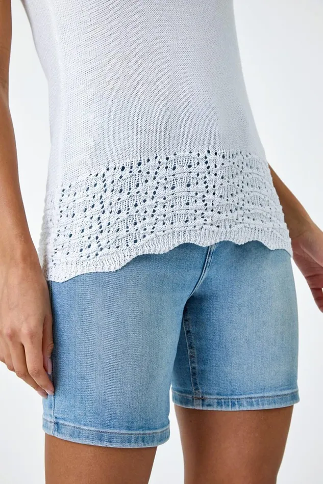 Women White Pointelle VNeck Knitted Vest Top Roman Tops