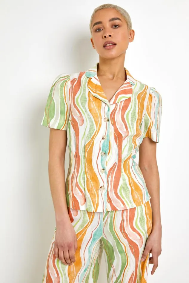 Women White Retro Wave Button Up Top Roman Tops