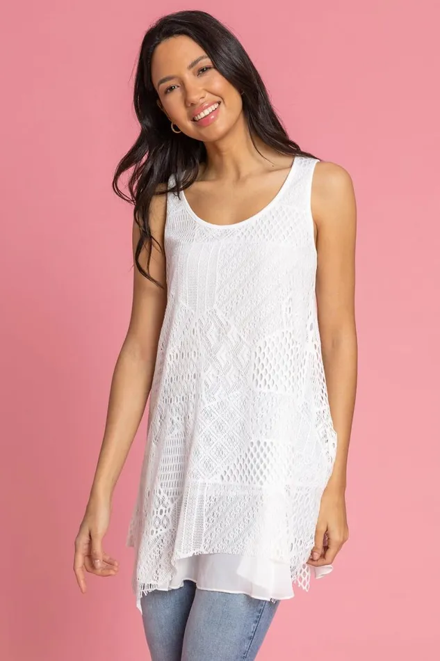 Women White Stretch Lace Hanky Hem Vest Top Roman Tops