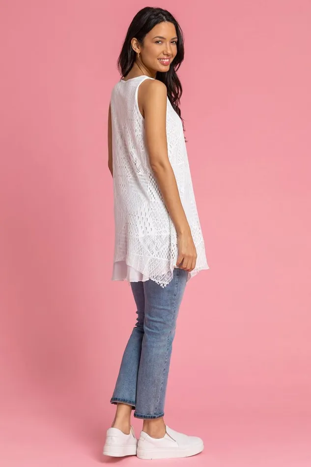 Women White Stretch Lace Hanky Hem Vest Top Roman Tops