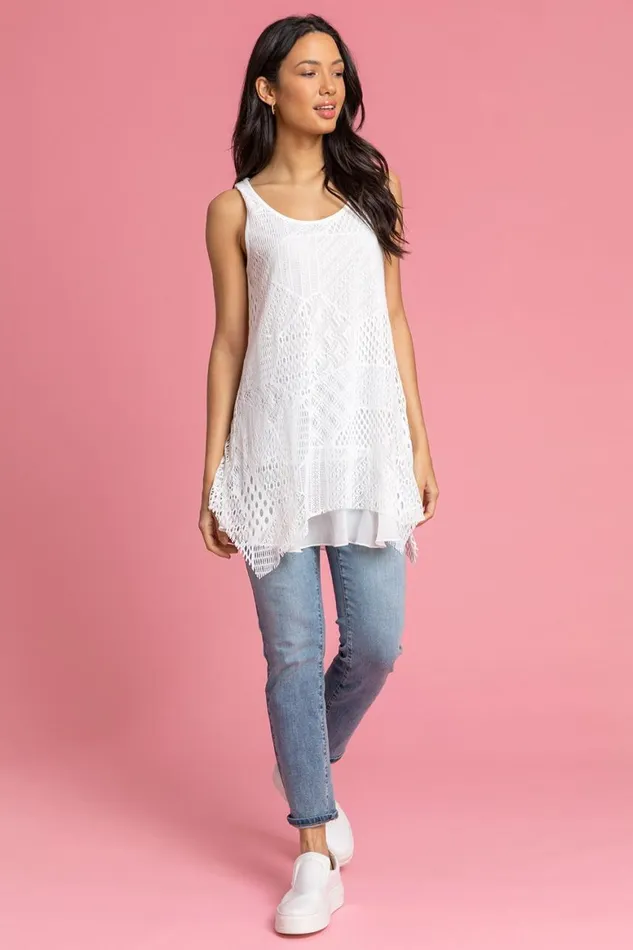 Women White Stretch Lace Hanky Hem Vest Top Roman Tops