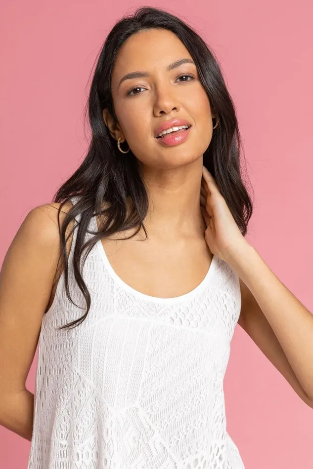Women White Stretch Lace Hanky Hem Vest Top Roman Tops