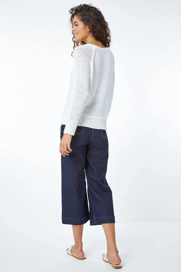 Women White Textured Stripe Sleeve Jumper Roman Knitwear
