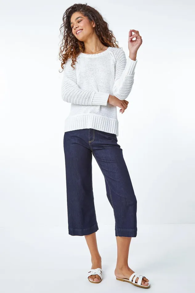 Women White Textured Stripe Sleeve Jumper Roman Knitwear