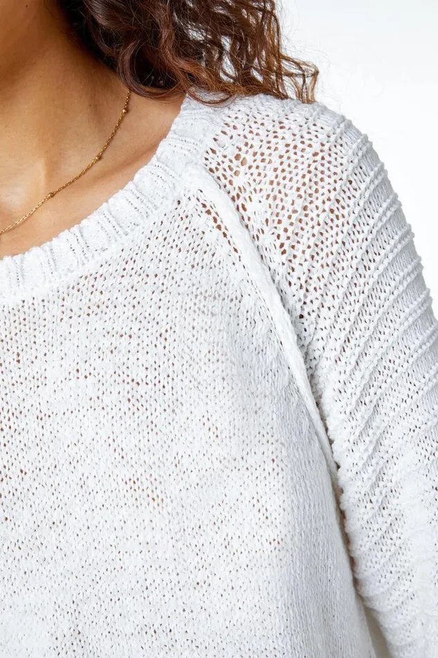 Women White Textured Stripe Sleeve Jumper Roman Knitwear