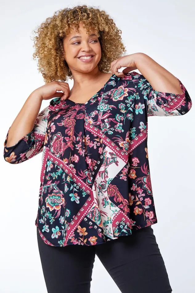 Women Wine Curve Tile Print Tunic Top Roman Tops