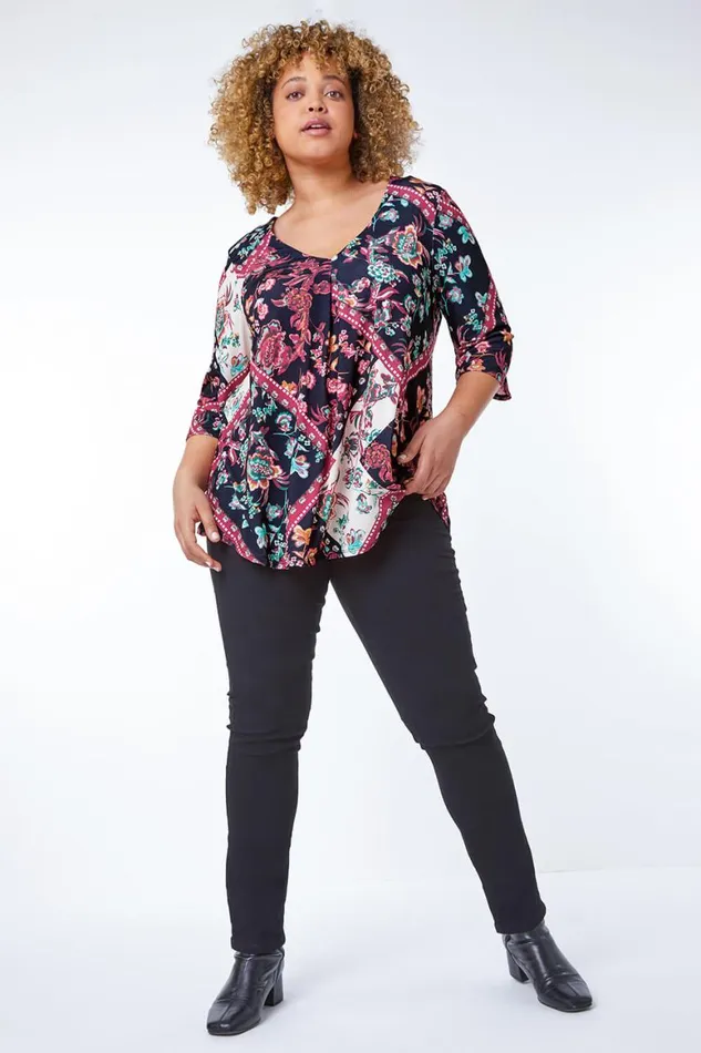 Women Wine Curve Tile Print Tunic Top Roman Tops
