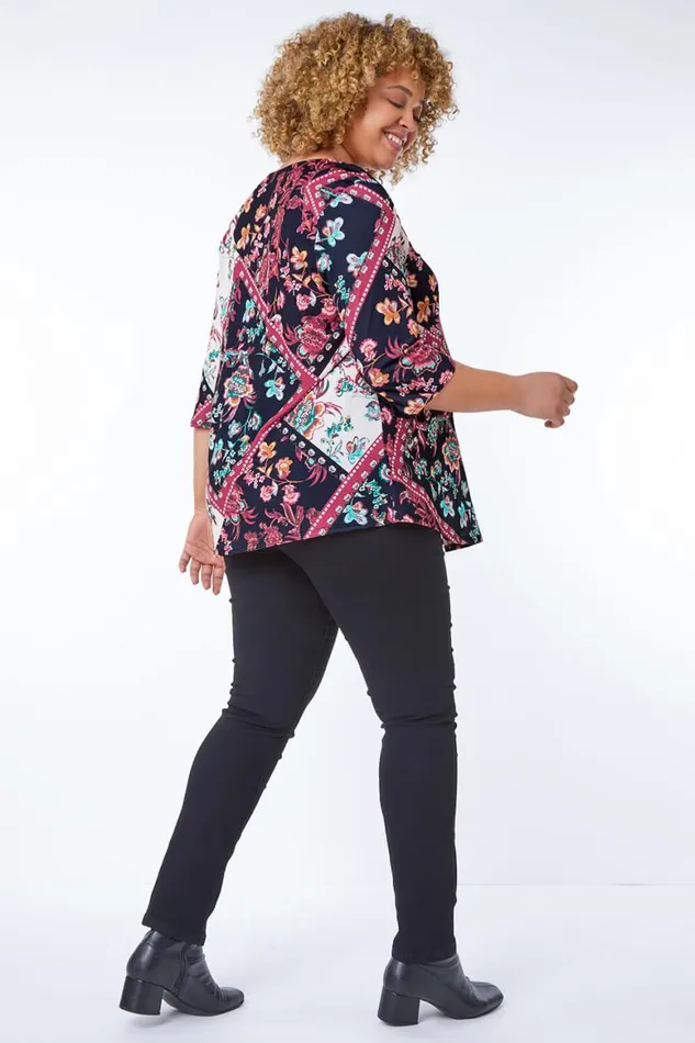 Women Wine Curve Tile Print Tunic Top Roman Tops