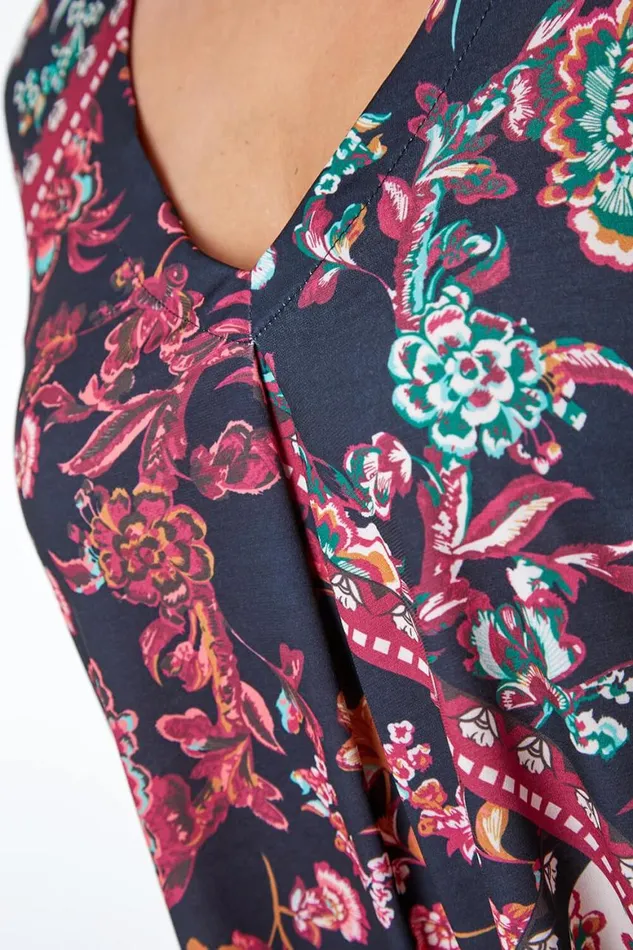 Women Wine Curve Tile Print Tunic Top Roman Tops