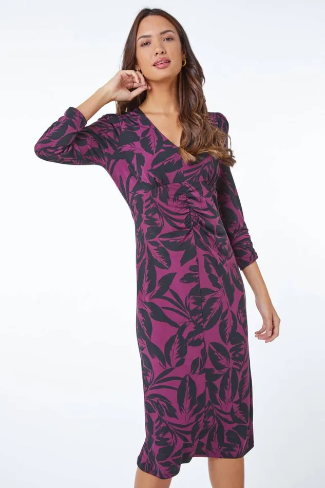Women Wine Leaf Print Gathered Midi Dress Roman Dresses
