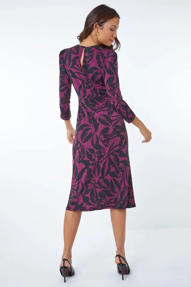 Women Wine Leaf Print Gathered Midi Dress Roman Dresses