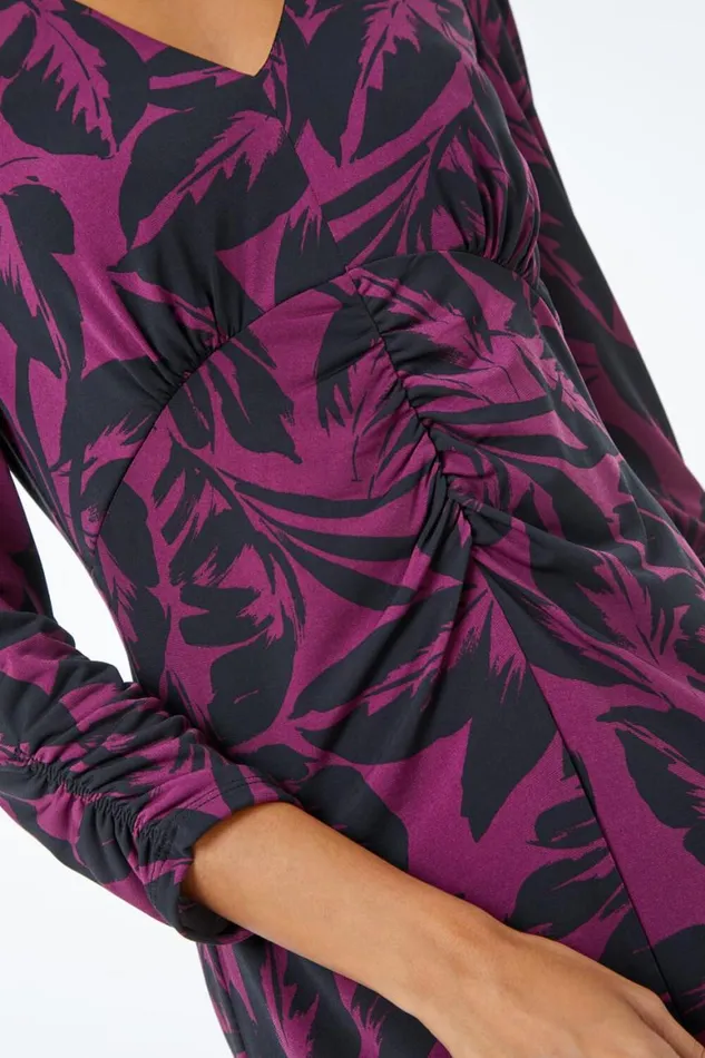 Women Wine Leaf Print Gathered Midi Dress Roman Dresses