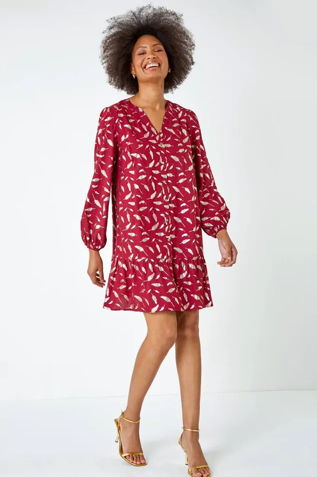 Women Wine Metallic Feather Print Shirt Dress Roman Dresses