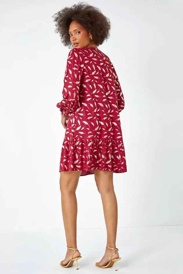 Women Wine Metallic Feather Print Shirt Dress Roman Dresses