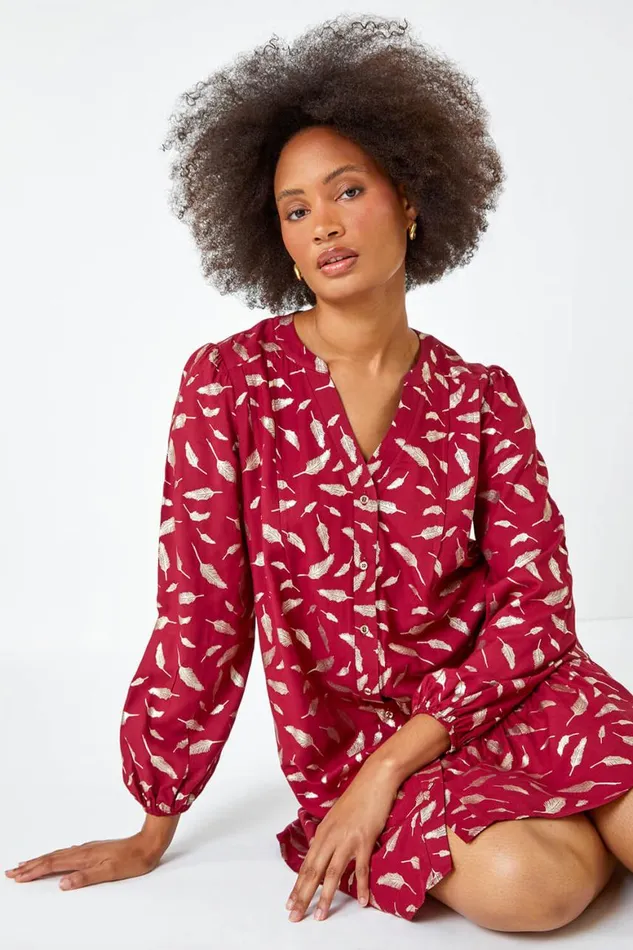 Women Wine Metallic Feather Print Shirt Dress Roman Dresses