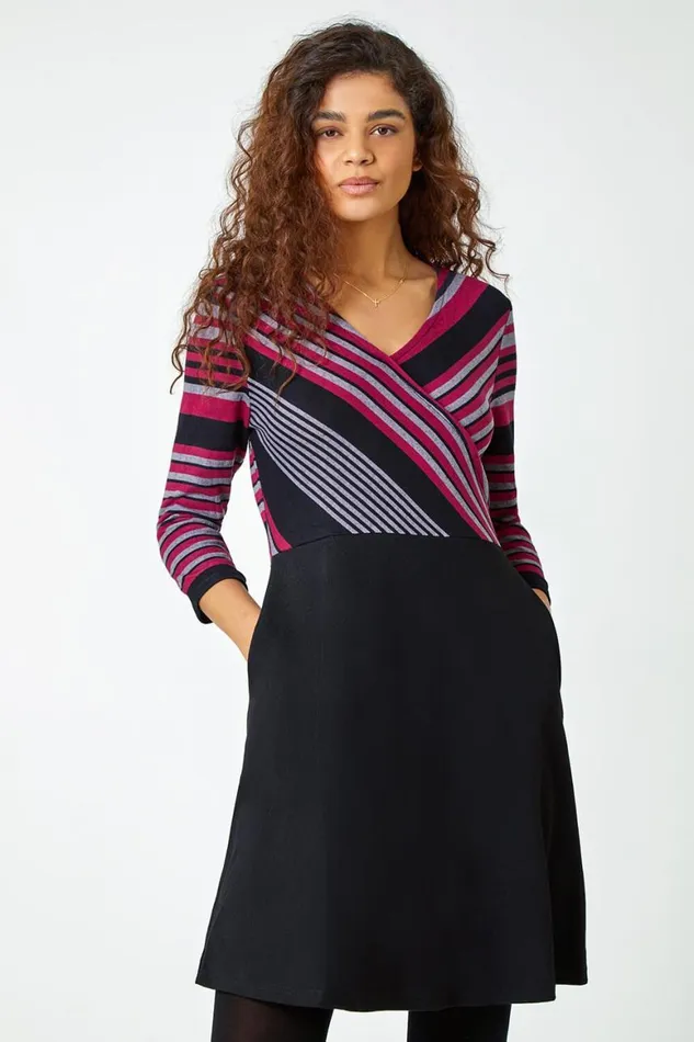 Women Wine Stripe Print Wrap Stretch Dress Roman Dresses