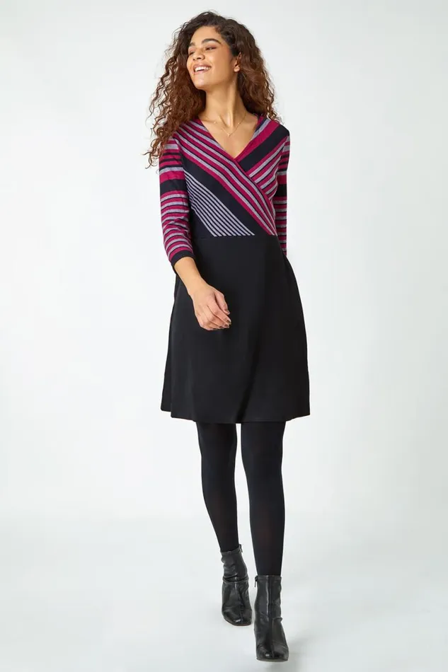 Women Wine Stripe Print Wrap Stretch Dress Roman Dresses