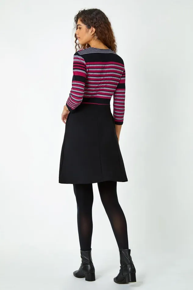 Women Wine Stripe Print Wrap Stretch Dress Roman Dresses