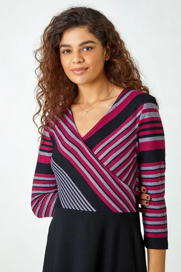 Women Wine Stripe Print Wrap Stretch Dress Roman Dresses