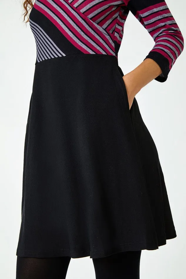 Women Wine Stripe Print Wrap Stretch Dress Roman Dresses