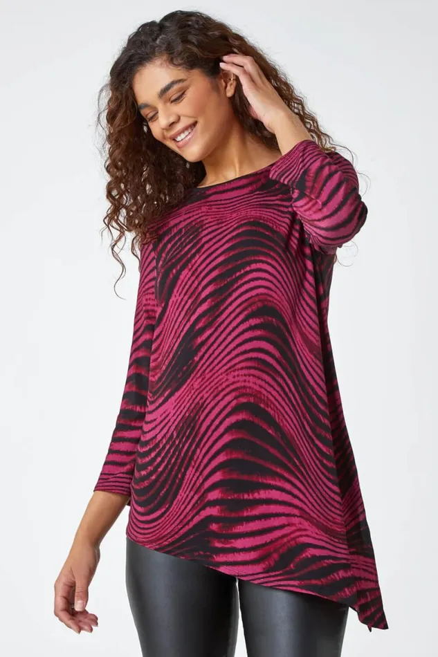 Women Wine Swirl Print Asymmetric Stretch Top Roman Tops