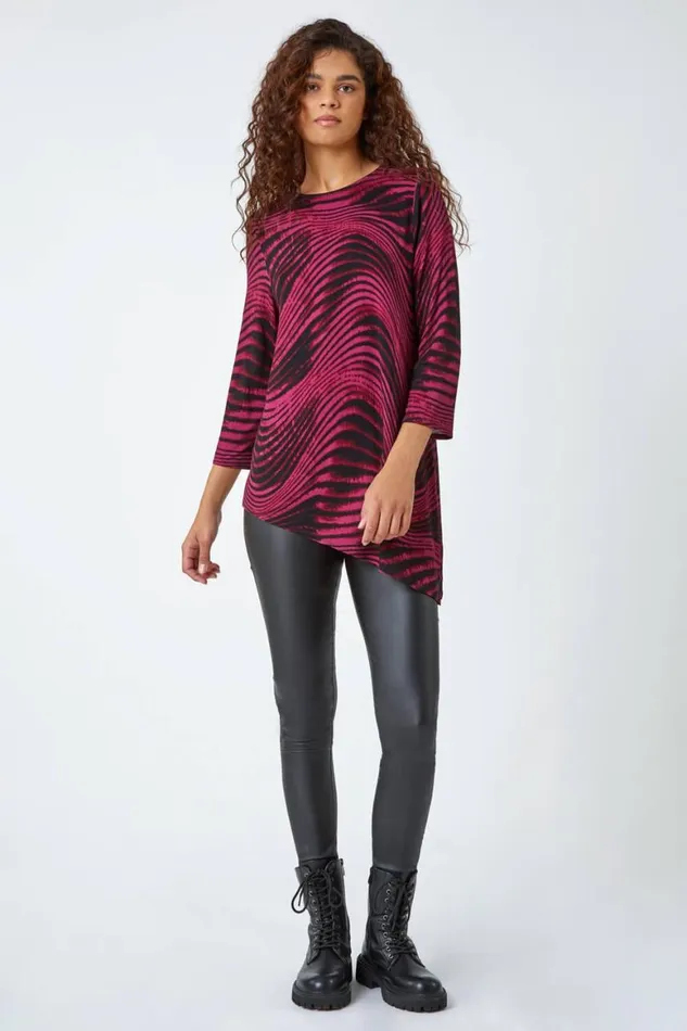 Women Wine Swirl Print Asymmetric Stretch Top Roman Tops