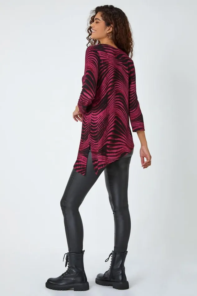 Women Wine Swirl Print Asymmetric Stretch Top Roman Tops