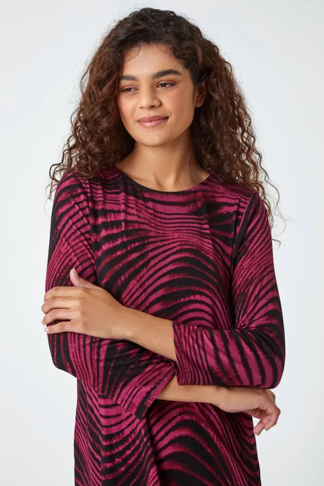 Women Wine Swirl Print Asymmetric Stretch Top Roman Tops