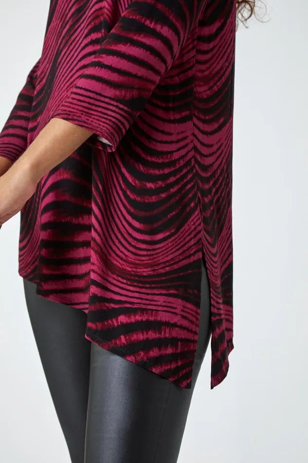 Women Wine Swirl Print Asymmetric Stretch Top Roman Tops