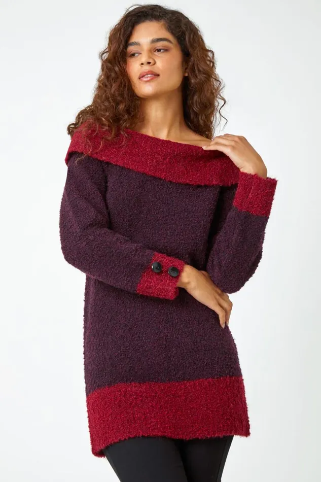 Women Wine Textured Button Detail Longline Bardot Jumper Roman Knitwear