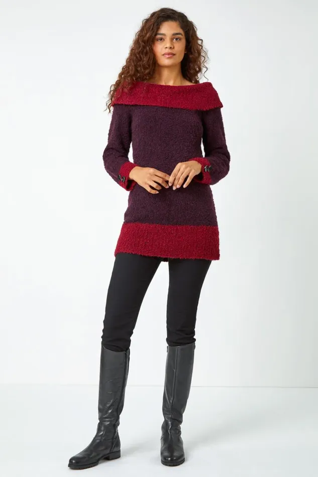 Women Wine Textured Button Detail Longline Bardot Jumper Roman Knitwear