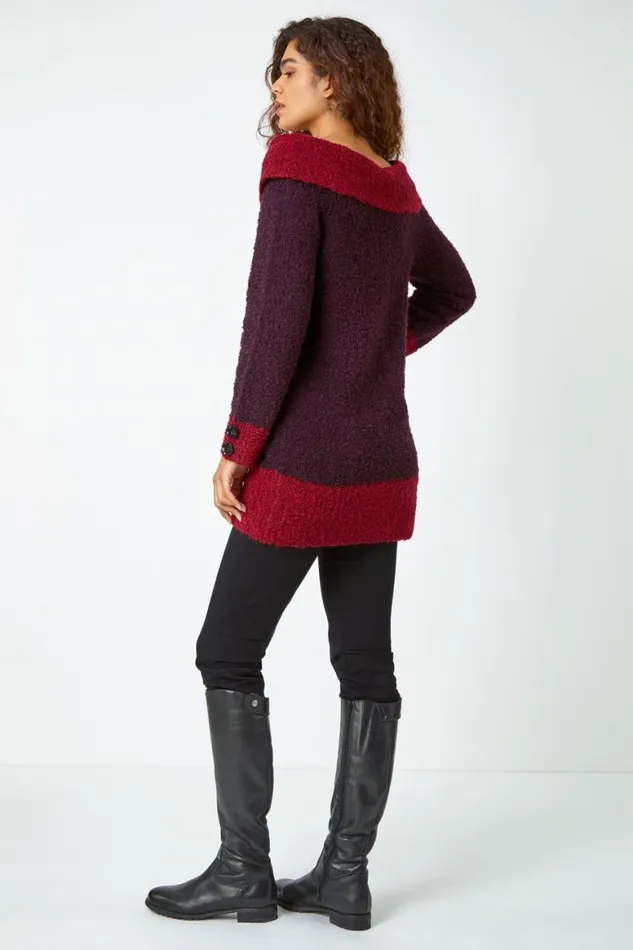 Women Wine Textured Button Detail Longline Bardot Jumper Roman Knitwear