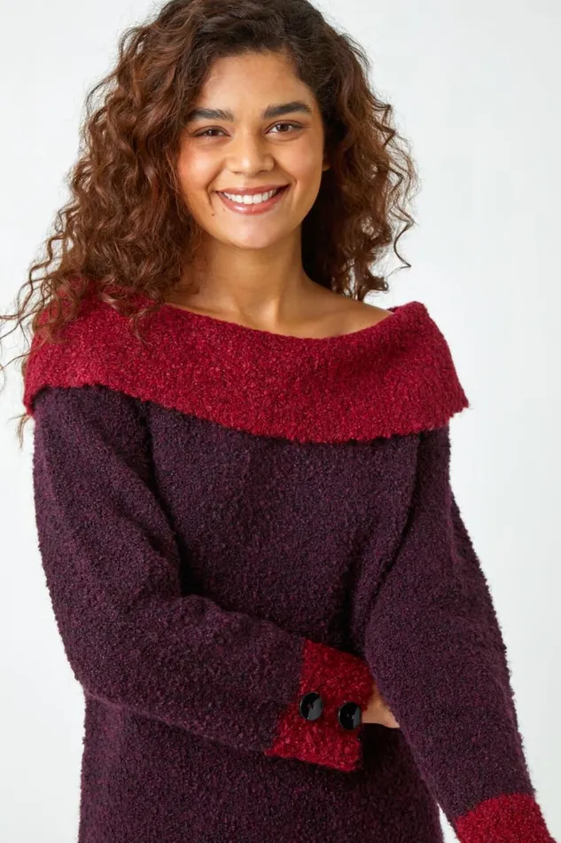Women Wine Textured Button Detail Longline Bardot Jumper Roman Knitwear