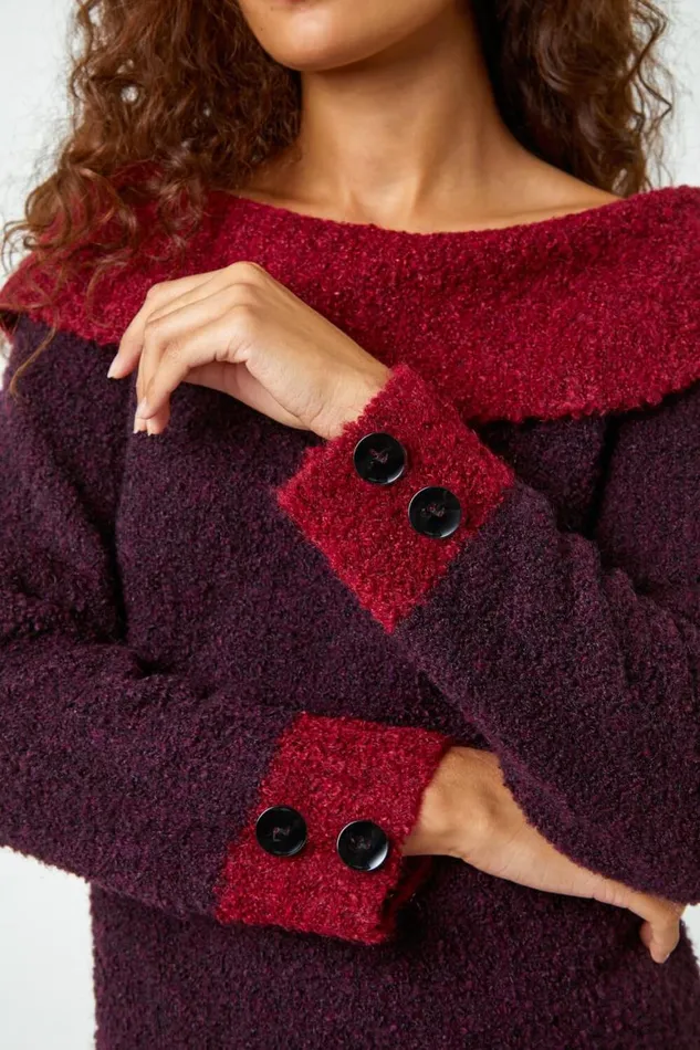 Women Wine Textured Button Detail Longline Bardot Jumper Roman Knitwear