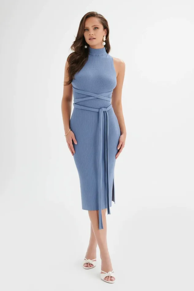 Women Winter Knitwear Lavish Alice GIGI Knitted Ribbed Open Back Midi Dress In Cornflower Blue Cornflower Blue