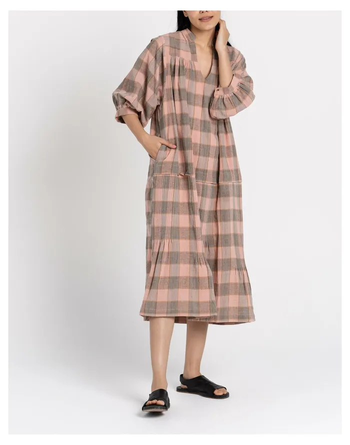 Women World Of Crow Plaid Organic Cotton Gathered Midi Dress Pink Madewell Dresses