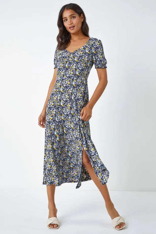 Women Yellow Ditsy Floral Ruched Maxi Dress Roman Dresses