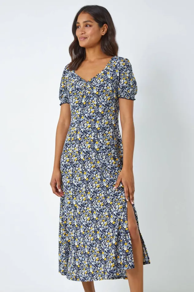 Women Yellow Ditsy Floral Ruched Maxi Dress Roman Dresses