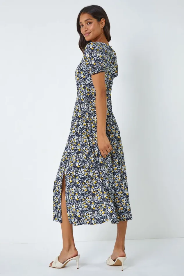 Women Yellow Ditsy Floral Ruched Maxi Dress Roman Dresses