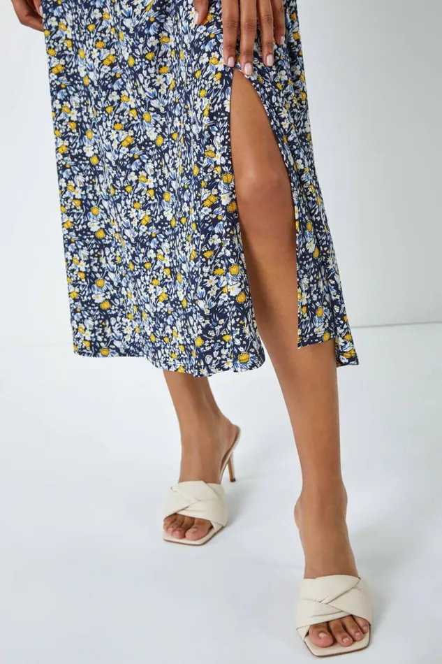 Women Yellow Ditsy Floral Ruched Maxi Dress Roman Dresses