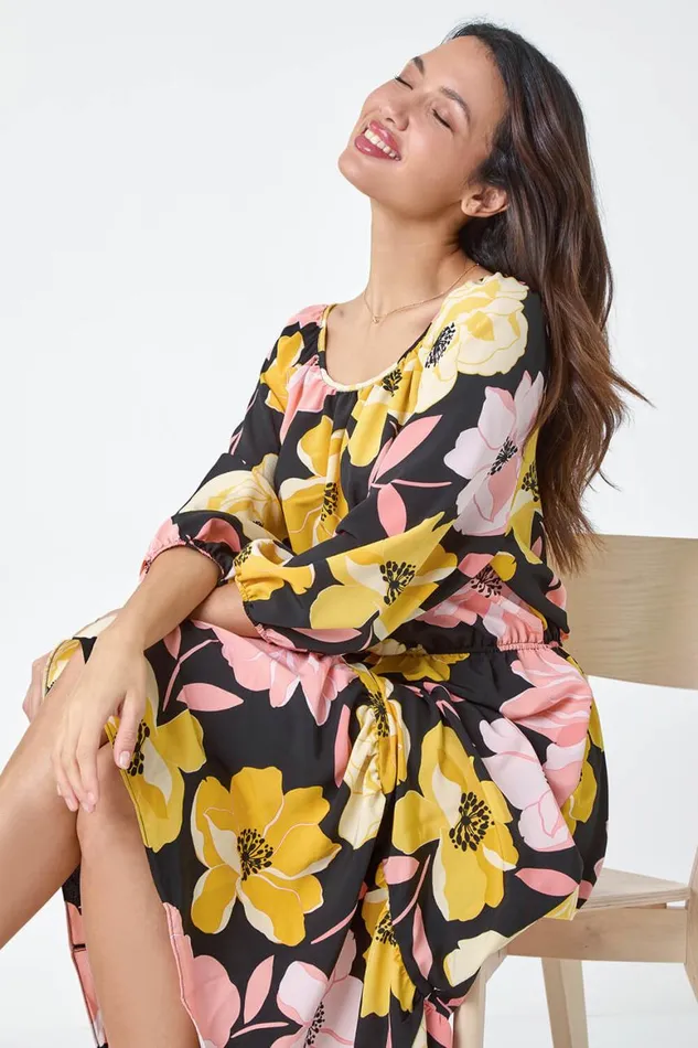 Women Yellow Floral Print Tiered Hem Maxi Dress Roman Dresses
