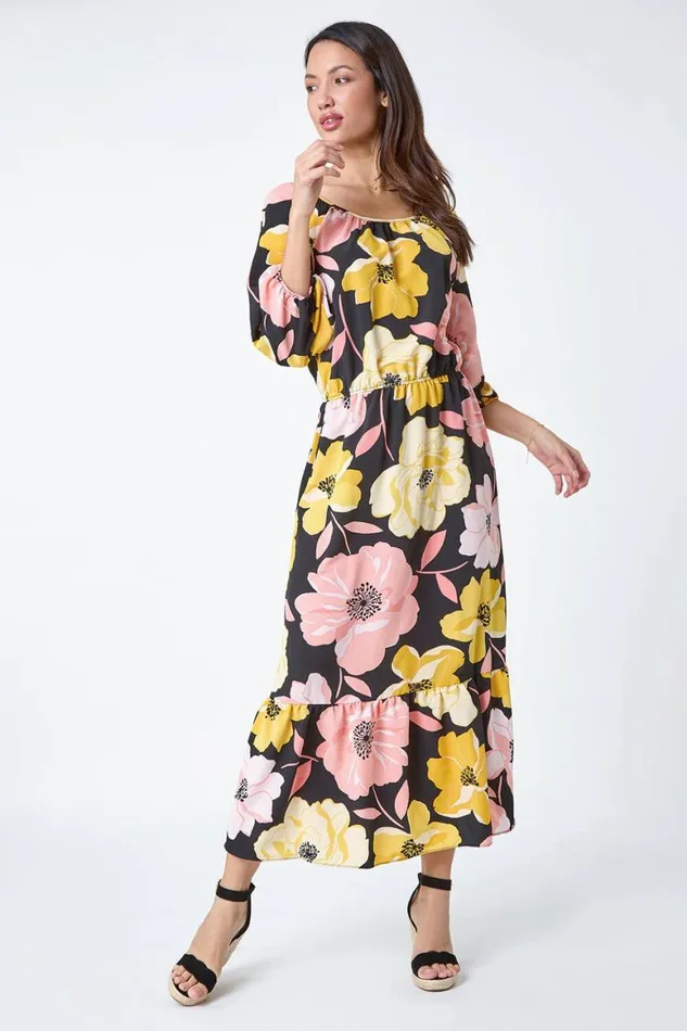 Women Yellow Floral Print Tiered Hem Maxi Dress Roman Dresses
