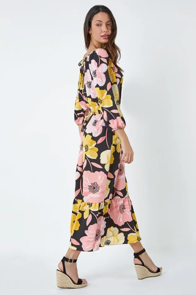 Women Yellow Floral Print Tiered Hem Maxi Dress Roman Dresses