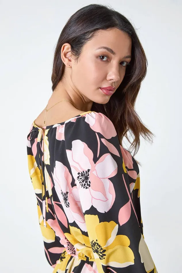 Women Yellow Floral Print Tiered Hem Maxi Dress Roman Dresses