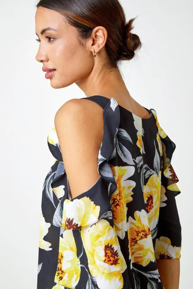 Women Yellow Floral Ruffle Detail Cold Shoulder Top Roman Tops