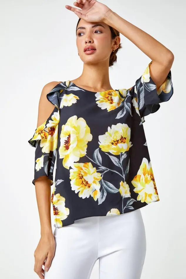 Women Yellow Floral Ruffle Detail Cold Shoulder Top Roman Tops