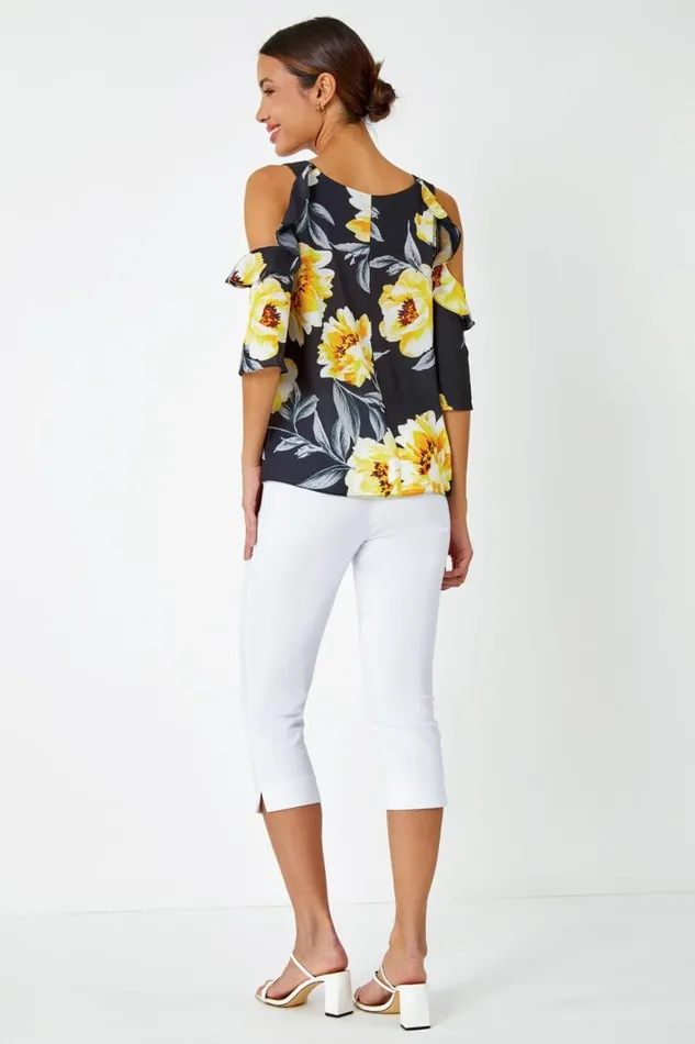 Women Yellow Floral Ruffle Detail Cold Shoulder Top Roman Tops