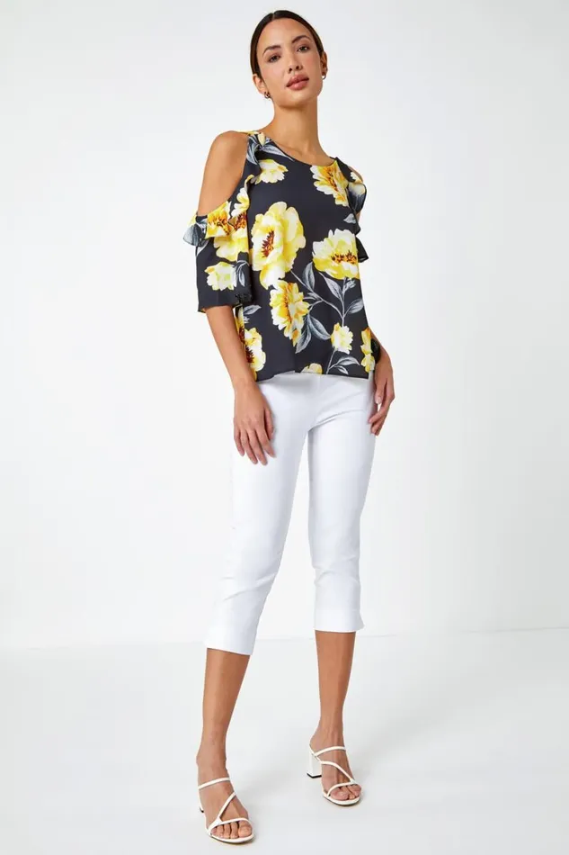 Women Yellow Floral Ruffle Detail Cold Shoulder Top Roman Tops