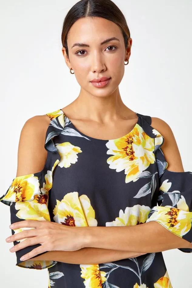Women Yellow Floral Ruffle Detail Cold Shoulder Top Roman Tops