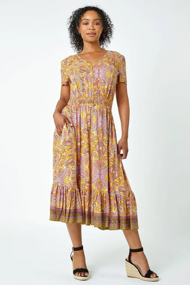 Women Yellow Petite Paisley Frill Midi Dress Roman Dresses